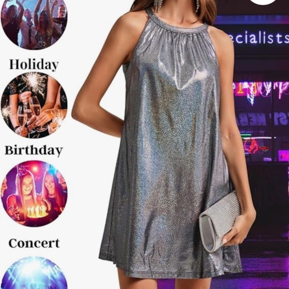 ANYFITTING Women's Built in Bra Sparkly Sequin Holiday Mini Short Dress Halter - Picture 4 of 5